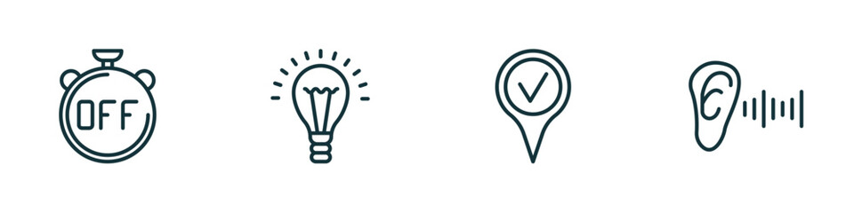 set of 4 linear icons from ultimate glyphicons concept. outline icons included timer off, light bulb on, checked pin, ear with sound bar vector