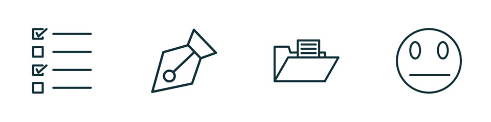 set of 4 linear icons from user interface concept. outline icons included test quiz, delete anchor point, data folder, sceptic smile vector