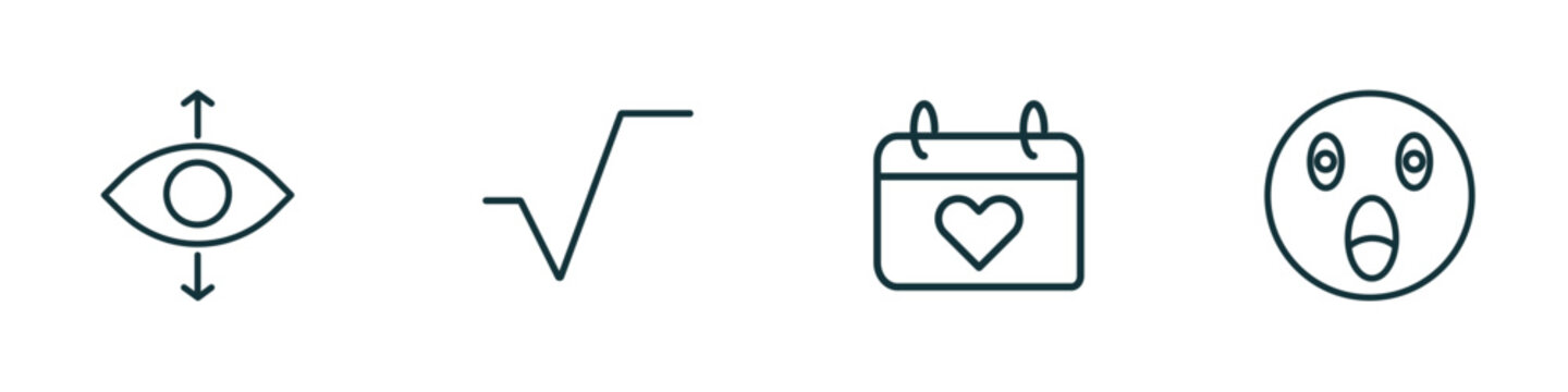 set of 4 linear icons from user interface concept. outline icons included perspectives, square root, heart on calendar, shocked smile vector