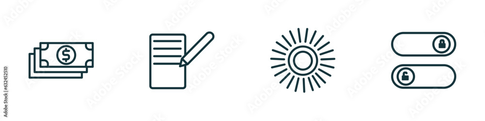Poster set of 4 linear icons from user interface concept. outline icons included dollar bills stack, form, 