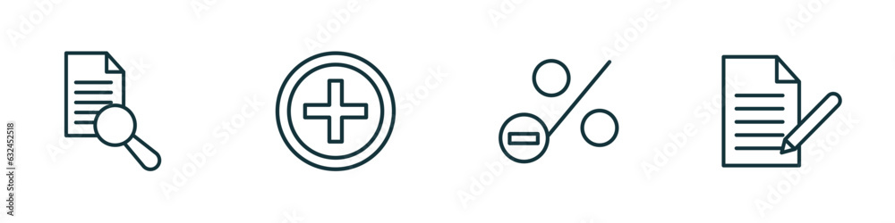 Poster set of 4 linear icons from user interface concept. outline icons included search file, round add but