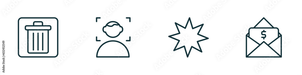 Poster set of 4 linear icons from user interface concept. outline icons included delete bin, face detection
