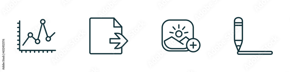 Poster set of 4 linear icons from user interface concept. outline icons included line dot chart, export arc