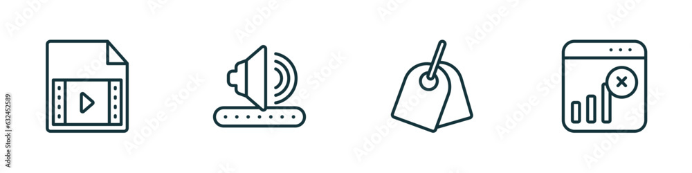 Poster set of 4 linear icons from user interface concept. outline icons included video file, amplified spea