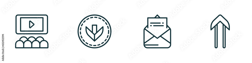 Poster set of 4 linear icons from user interface concept. outline icons included hall, bottom arrows, open 