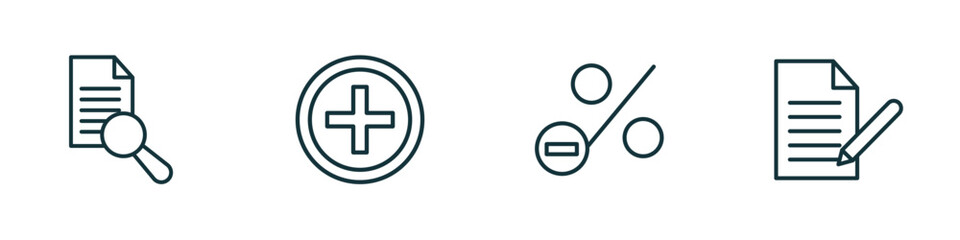 set of 4 linear icons from user interface concept. outline icons included search file, round add button, less percentage, written paper vector