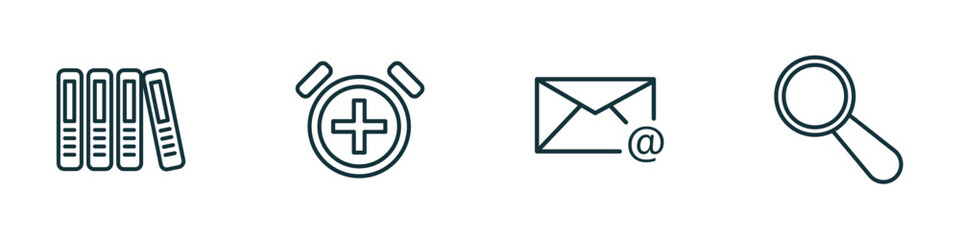 set of 4 linear icons from user interface concept. outline icons included office folders, alarm button, email evelope, looking vector