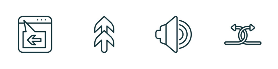 set of 4 linear icons from user interface concept. outline icons included window back button, top arrows, sound on, crossed arrows vector