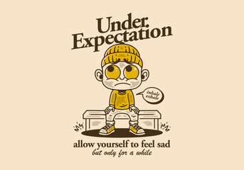 Under expectation, little man character wearing beanie with sad face