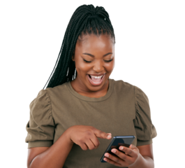 Wow, funny and happy with black woman and phone on png for news, social media or notification. Meme, website or communication with person isolated on transparent background for laughing and internet