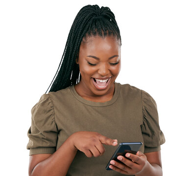 Wow, funny and happy with black woman and phone on png for news, social media or notification. Meme, website or communication with person isolated on transparent background for laughing and internet