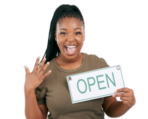 Excited, open sign and small business with portrait of black woman on png for entrepreneur, success and start. Advertising, store and retail with person isolated on transparent background for retail