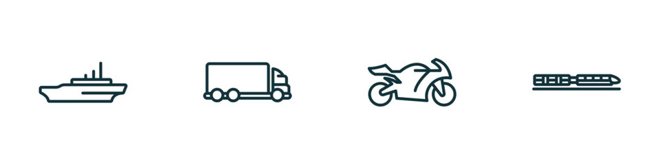 Fototapeta premium set of 4 linear icons from transportation concept. outline icons included icebreaker ship, lorry, motorbike, monorail vector