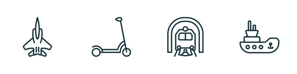 set of 4 linear icons from transportation concept. outline icons included army airplane, kick scooter, train in a tunnel, tugboat vector