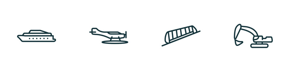 set of 4 linear icons from transportation concept. outline icons included ferry boat, hydroplane, funicular railway, excavators vector