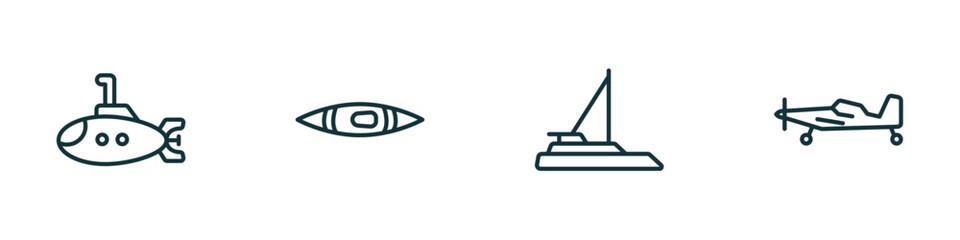 set of 4 linear icons from transportation concept. outline icons included small submarine, kayak, catamaran, crop duster vector