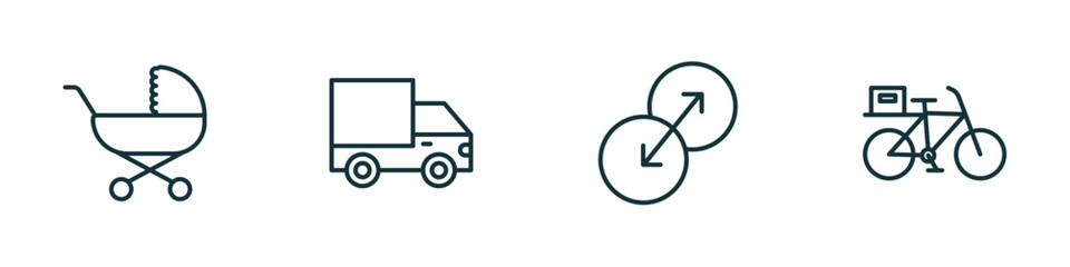 set of 4 linear icons from transport concept. outline icons included babysitter, heavy vehicle, transition, delivery bike vector