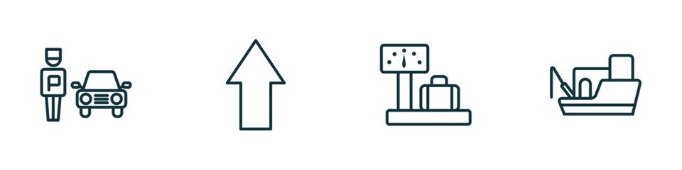 set of 4 linear icons from transport concept. outline icons included parking men, shift, airport checking, fishing boat vector