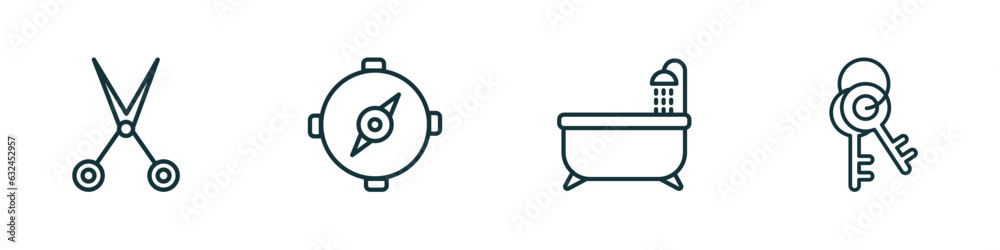 Poster set of 4 linear icons from tools and utensils concept. outline icons included open scissors, orienta