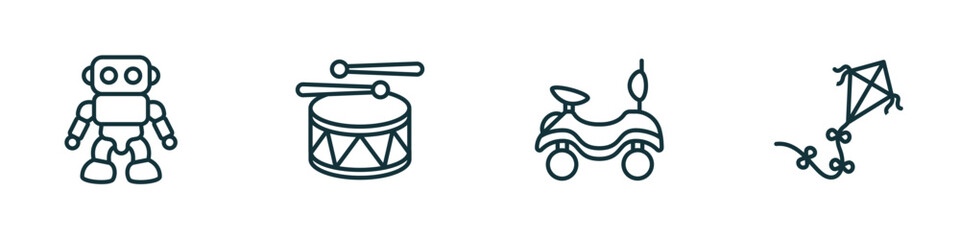 set of 4 linear icons from toys concept. outline icons included robot toy, drum toy, ride on toy, kite vector