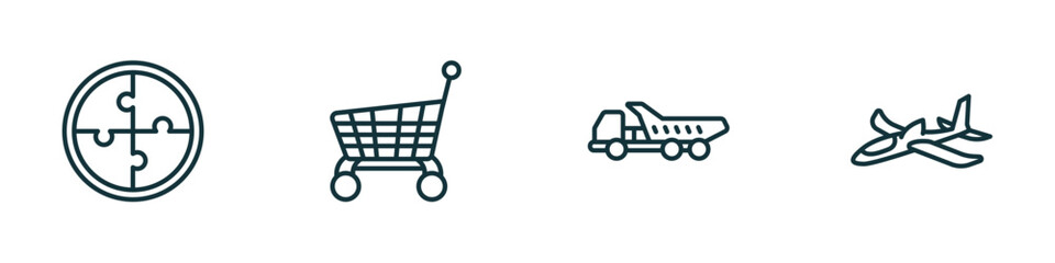 set of 4 linear icons from toys concept. outline icons included puzzle toy, cart toy, truck toy, plane vector