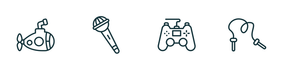 set of 4 linear icons from toys concept. outline icons included submarine toy, microphone toy, gamepad toy, skipping rope vector