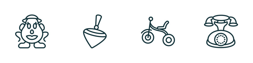set of 4 linear icons from toys concept. outline icons included mrs potato toy, spinning toy, tricycle toy, telephone vector