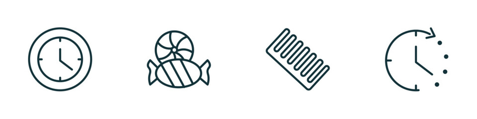 set of 4 linear icons from tools and utensils concept. outline icons included circular clock, candies, combs, time left vector