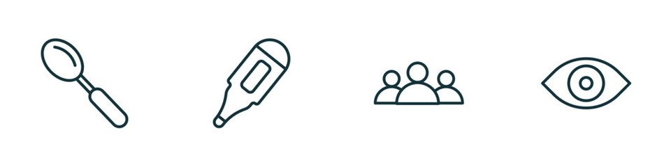 set of 4 linear icons from tools and utensils concept. outline icons included large spoon, body thermometer, squad, optical vector