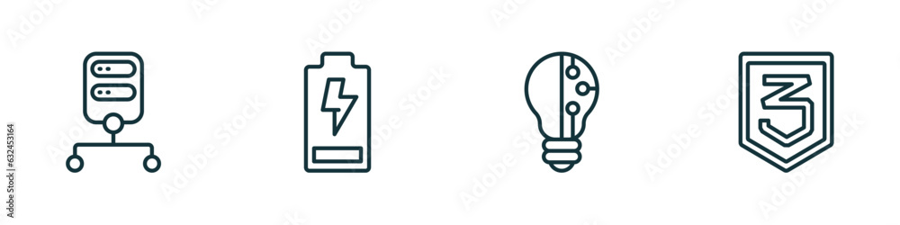 Poster set of 4 linear icons from technology concept. outline icons included data architecture, battery lev
