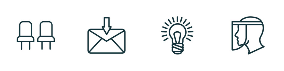 set of 4 linear icons from technology concept. outline icons included chairs, received, big light bulb, face shield vector