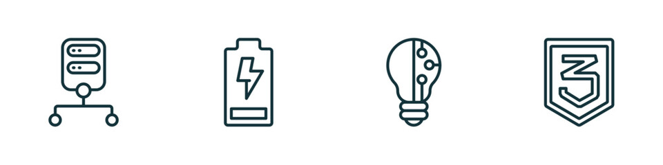 set of 4 linear icons from technology concept. outline icons included data architecture, battery levels, light bulb idea, css3 vector