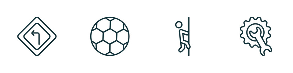 set of 4 linear icons from sports concept. outline icons included left bend, soccer football ball, climber, equipment vector
