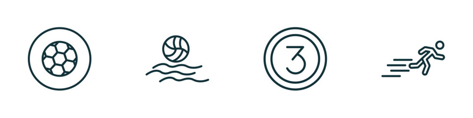 set of 4 linear icons from sports concept. outline icons included football ball circular, waterpolo, third, man sprinting vector