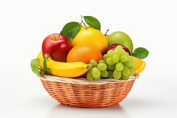 Fresh Fruits in Basket isolated on White Background, Healthy fruits Rich in Vitamins. Generative Ai