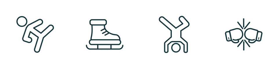 set of 4 linear icons from sports concept. outline icons included taekwondo, ski boots, breakdance, two boxing gloves vector