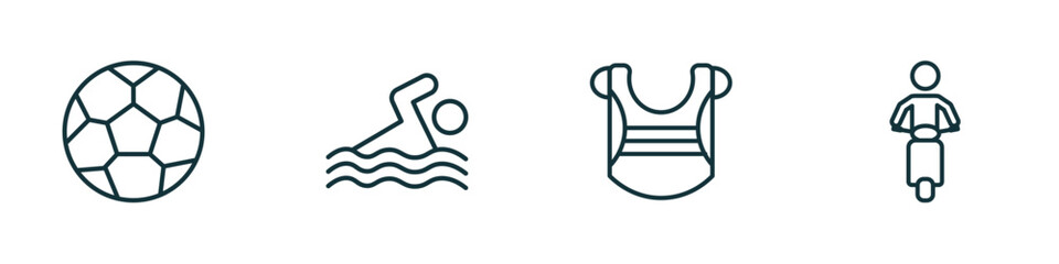 Obraz premium set of 4 linear icons from sports concept. outline icons included football ball, swimming figure, chest guard, motorbike riding vector
