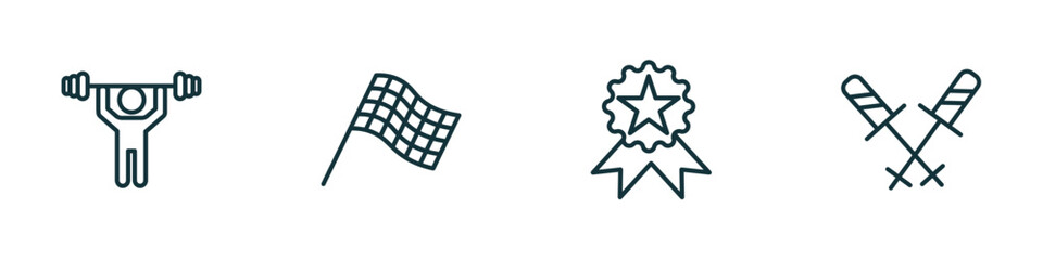 set of 4 linear icons from sports concept. outline icons included weight lifting, chequered flag, awards, ski poles vector