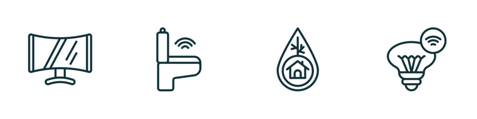 set of 4 linear icons from smart home concept. outline icons included smart television, smart toilet, eco friendly, lamp vector