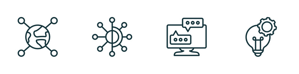 set of 4 linear icons from social media marketing concept. outline icons included network conecction, timeline, flats, development vector