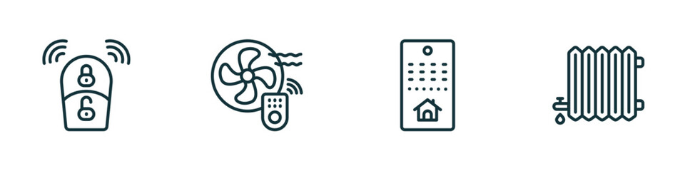 set of 4 linear icons from smart home concept. outline icons included smart key, fan, smart home console, heat leak vector