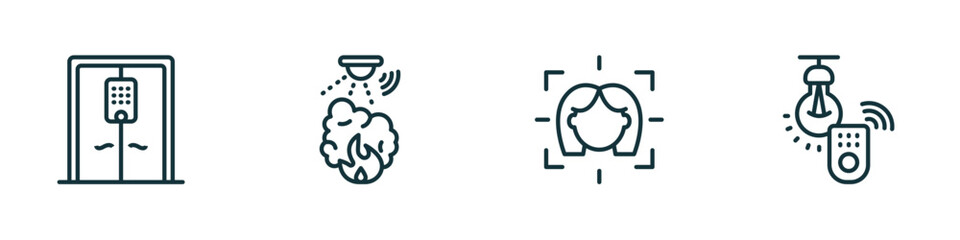 set of 4 linear icons from smart home concept. outline icons included automated door, fire alarm, face scan, illumination vector