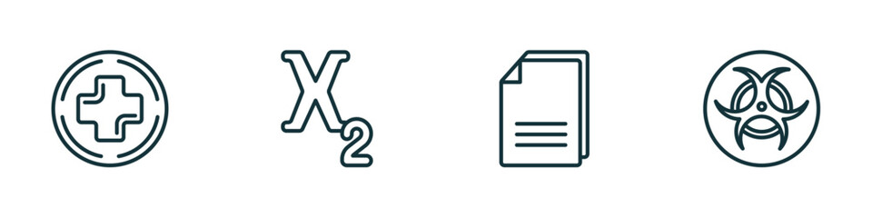 set of 4 linear icons from signs concept. outline icons included add, subscript, copying, biohazard vector