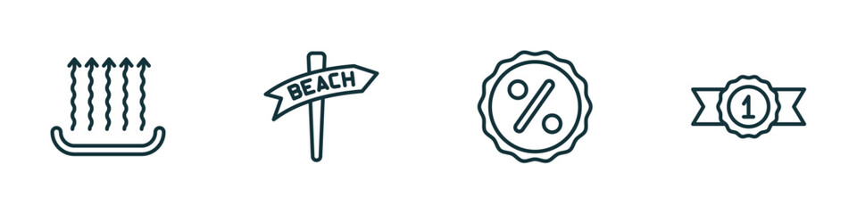 set of 4 linear icons from signs concept. outline icons included heat, beach, percentage discount, class reward vector