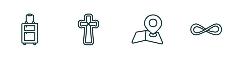 set of 4 linear icons from signs concept. outline icons included suitcase, gross dark cross, map and map pointer, infinity vector