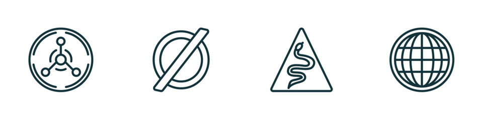set of 4 linear icons from signs concept. outline icons included radiation, empty, snake, world grid vector