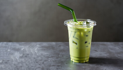 Take away glass of iced matcha green tea latte with bubble on dark gray background, copy space