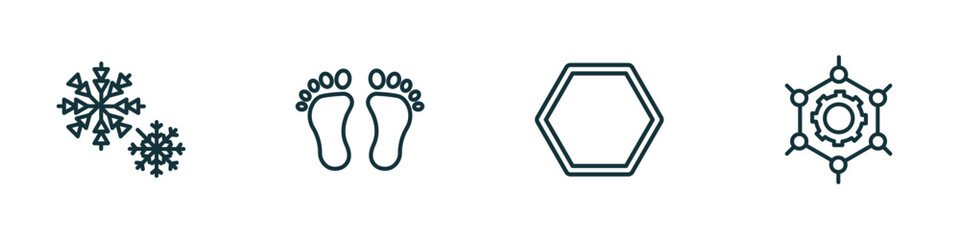set of 4 linear icons from shapes concept. outline icons included two snow flakes, human foot prints, poligon, framework vector