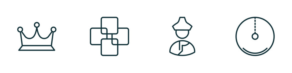 set of 4 linear icons from shapes concept. outline icons included royalties, four squares, mongolian, radius of circle vector