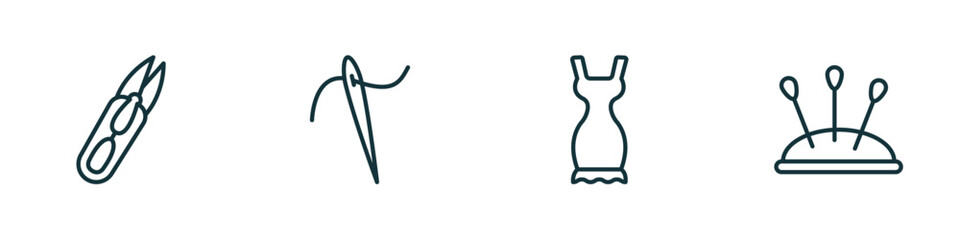 set of 4 linear icons from sew concept. outline icons included thread nippers, sewing needles, garment, pincushion vector